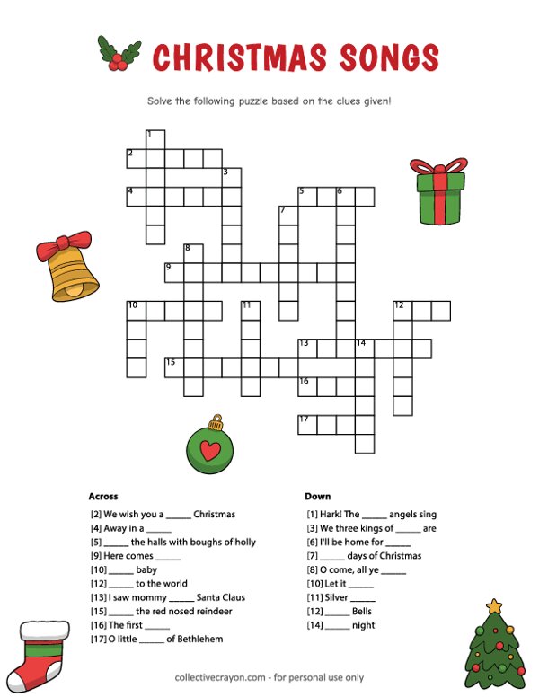 Free Printable Christmas Songs Crossword