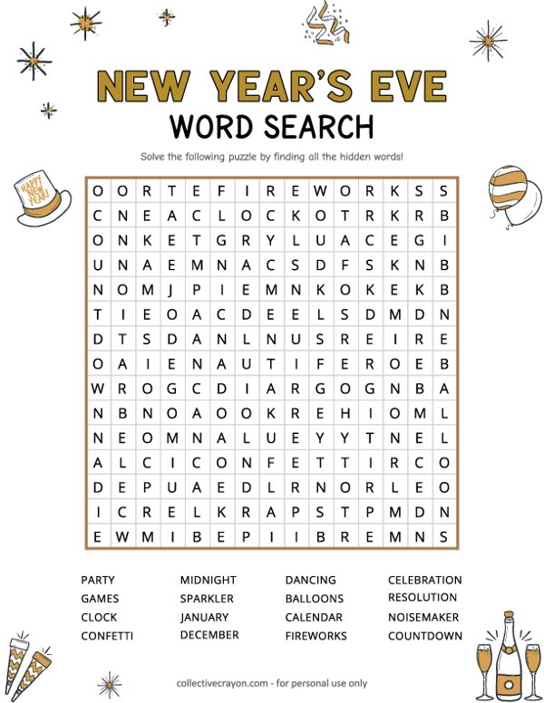 New Years Eve Word Search