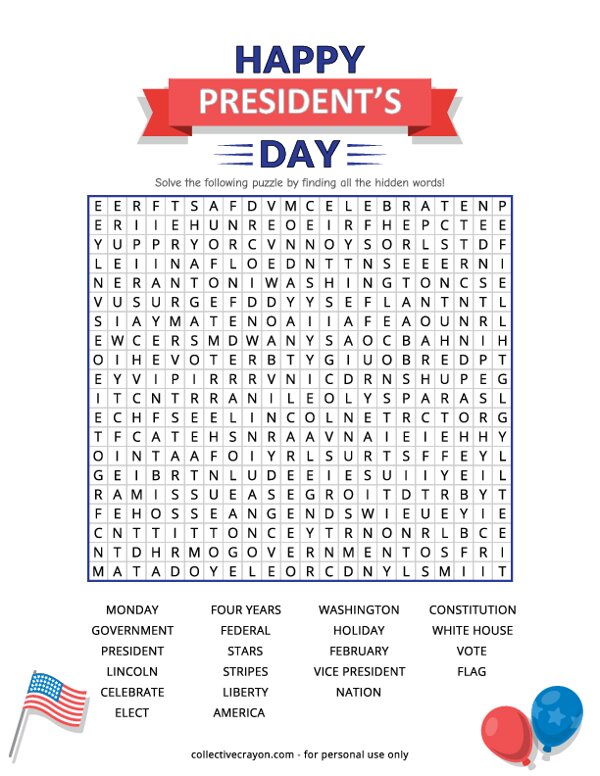 Happy Presidents Day Word Search
