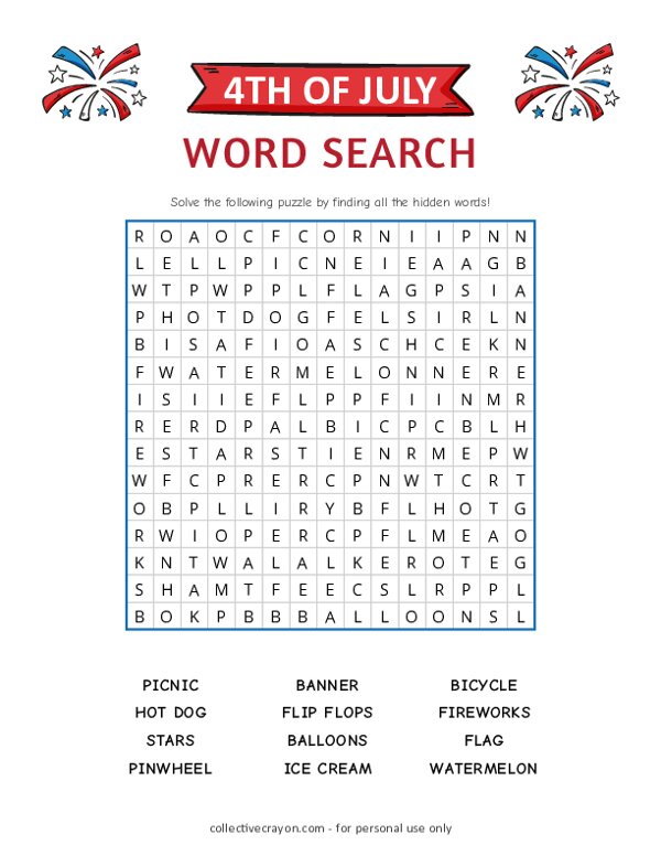 Free Printable 4th of July Word Search