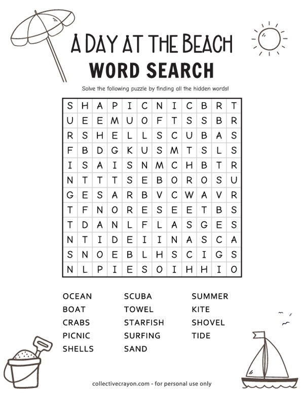 A day at the Beach Word Search