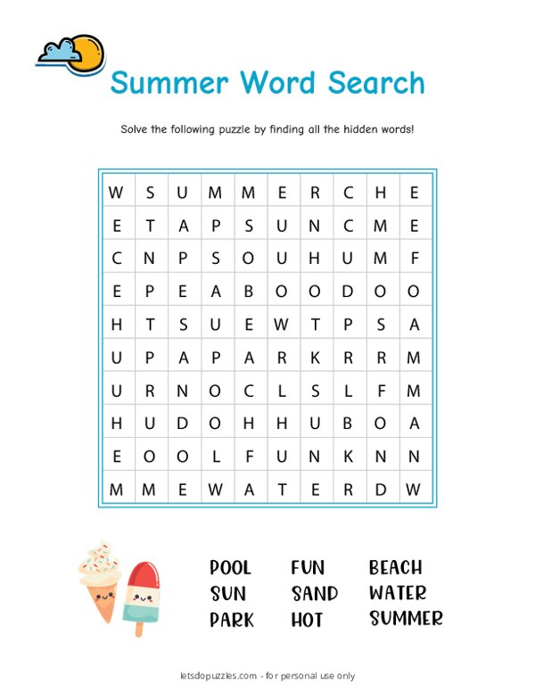 Free Printable Summer Word Search