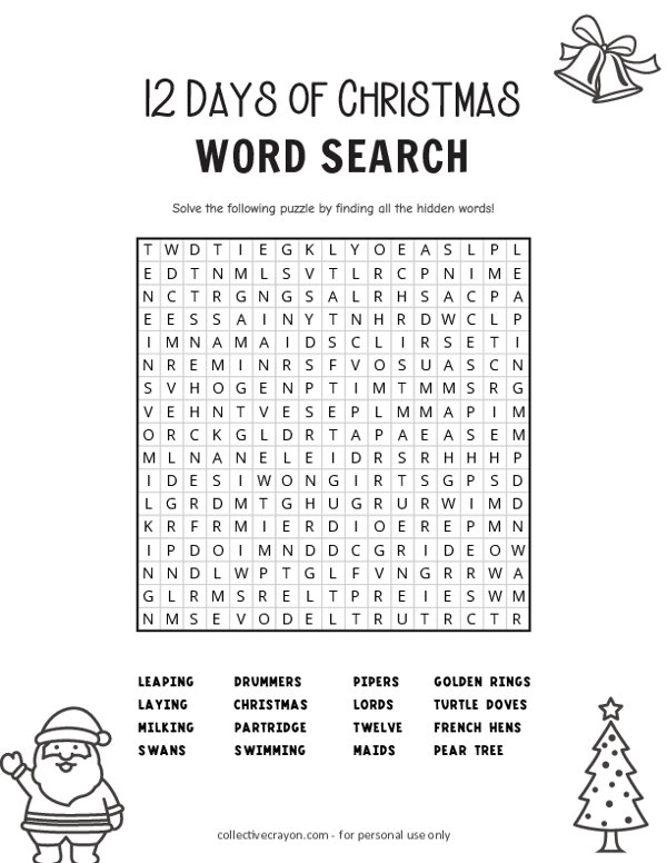 Free Printable 12 Days of Christmas Word Search