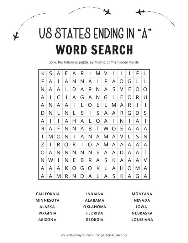 US States ending in A Word Search