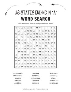 US States ending in A Word Search