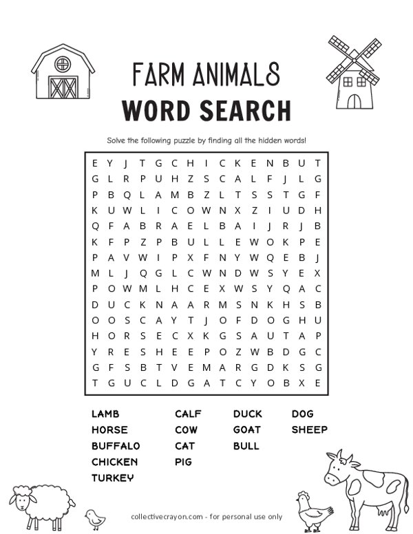 Farm Animals Word Search