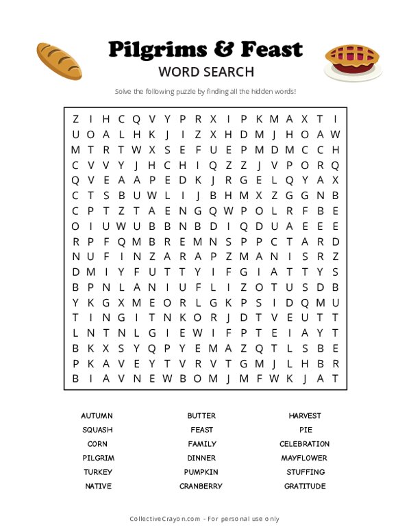 Pilgrims & Feast Word Search