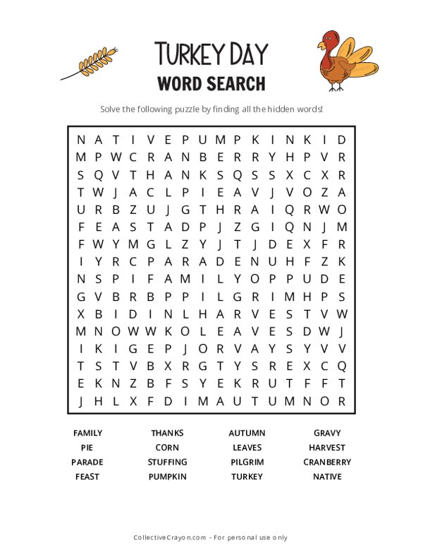 Turkey Day Word Search