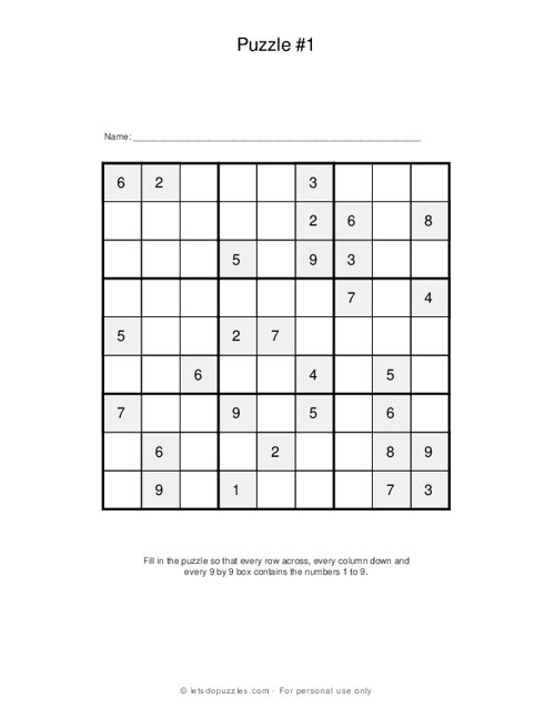Printable Sudoku Puzzle 9x9
