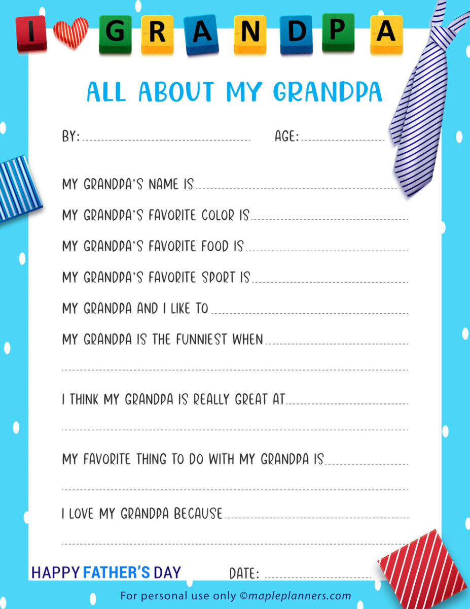 All about my grandpa Fathers Day Printables