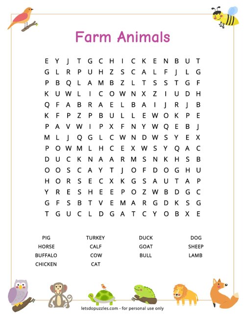 Farm Animals Word Search Puzzle