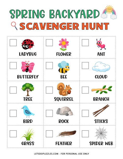 Spring Backyard Scavenger Hunt Printable