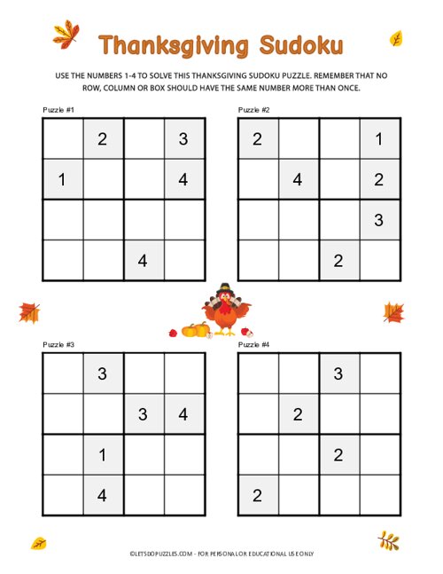 Thanksgiving Sudoku Puzzles