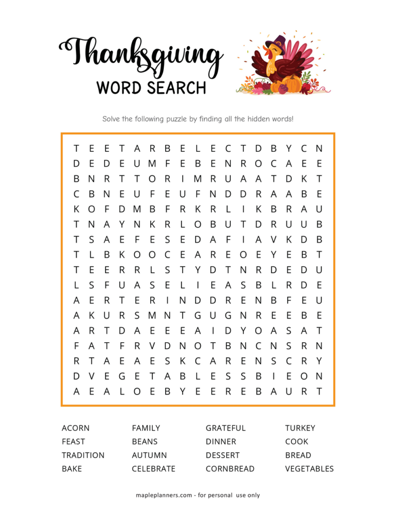 Free Printable Thanksgiving Word Search