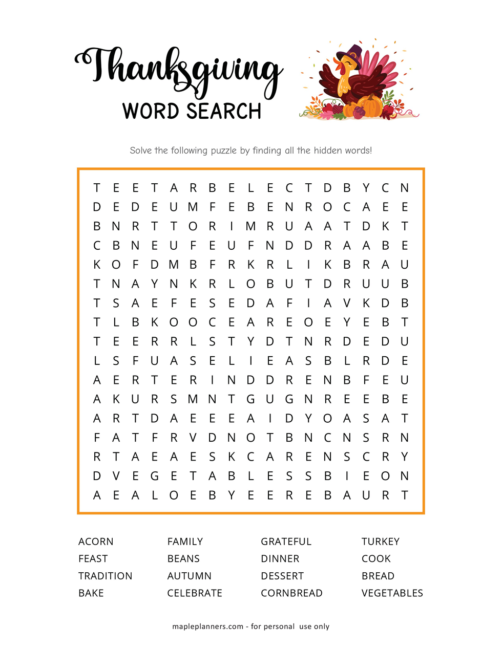 Free Thanksgiving Word Search Printable