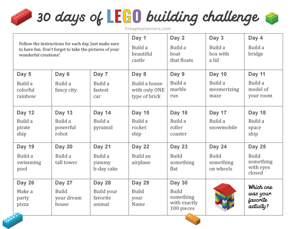 30-day lego building challenge calendar