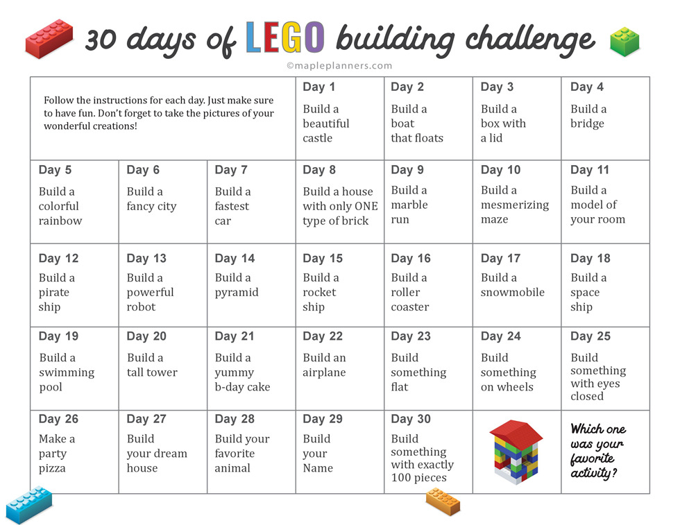 Free 30day LEGO Building Challenge Printable