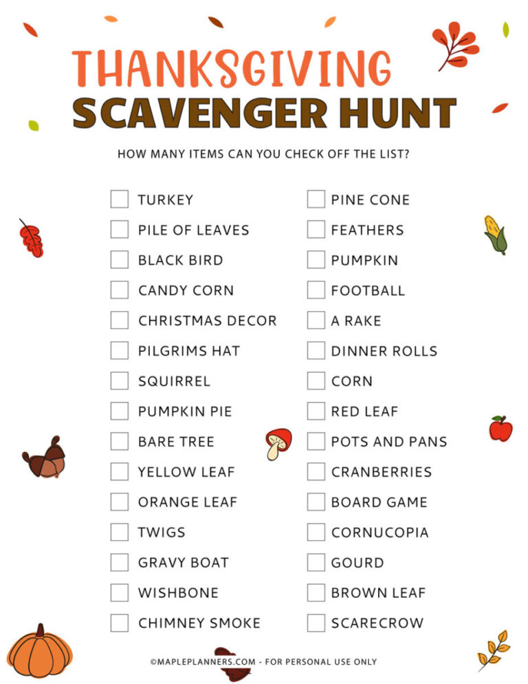 Free Thanksgiving Scavenger Hunt Printable