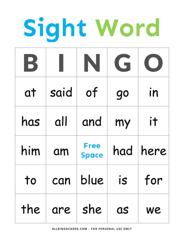 Sight Word Bingo Free Printable