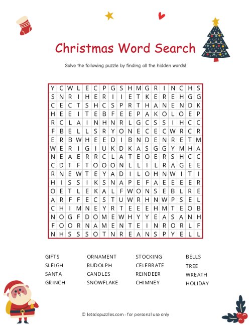 Christmas Word Search Printable for Kids